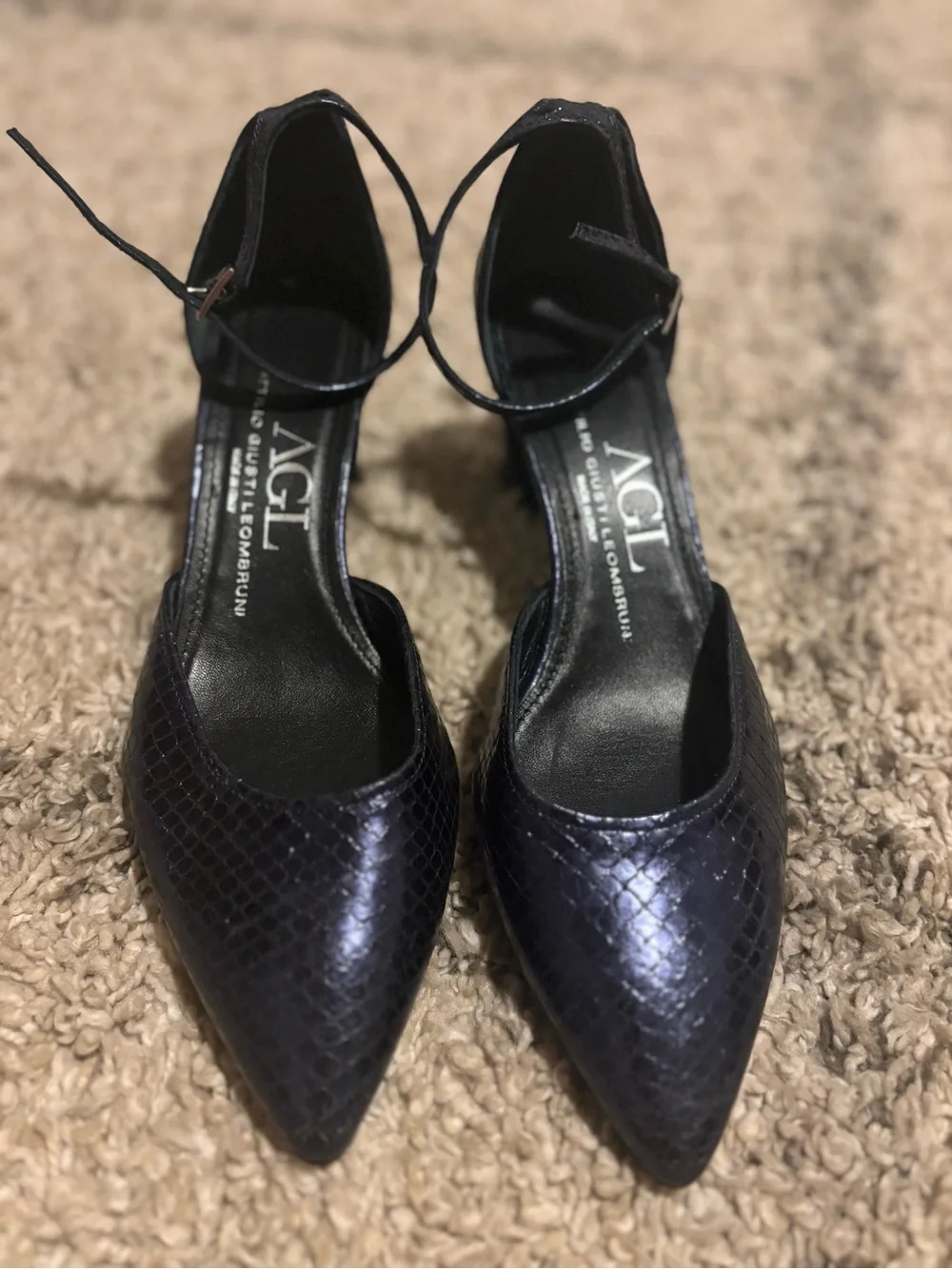 AGL Attilio Giusti Leombruni Navy Snakeskin Embossed Leather Ankle Strap 39.5